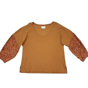 Antropologie Samia Orange/Brown Blouse Textured Cotton Top Blouse V-Neck Size L.
